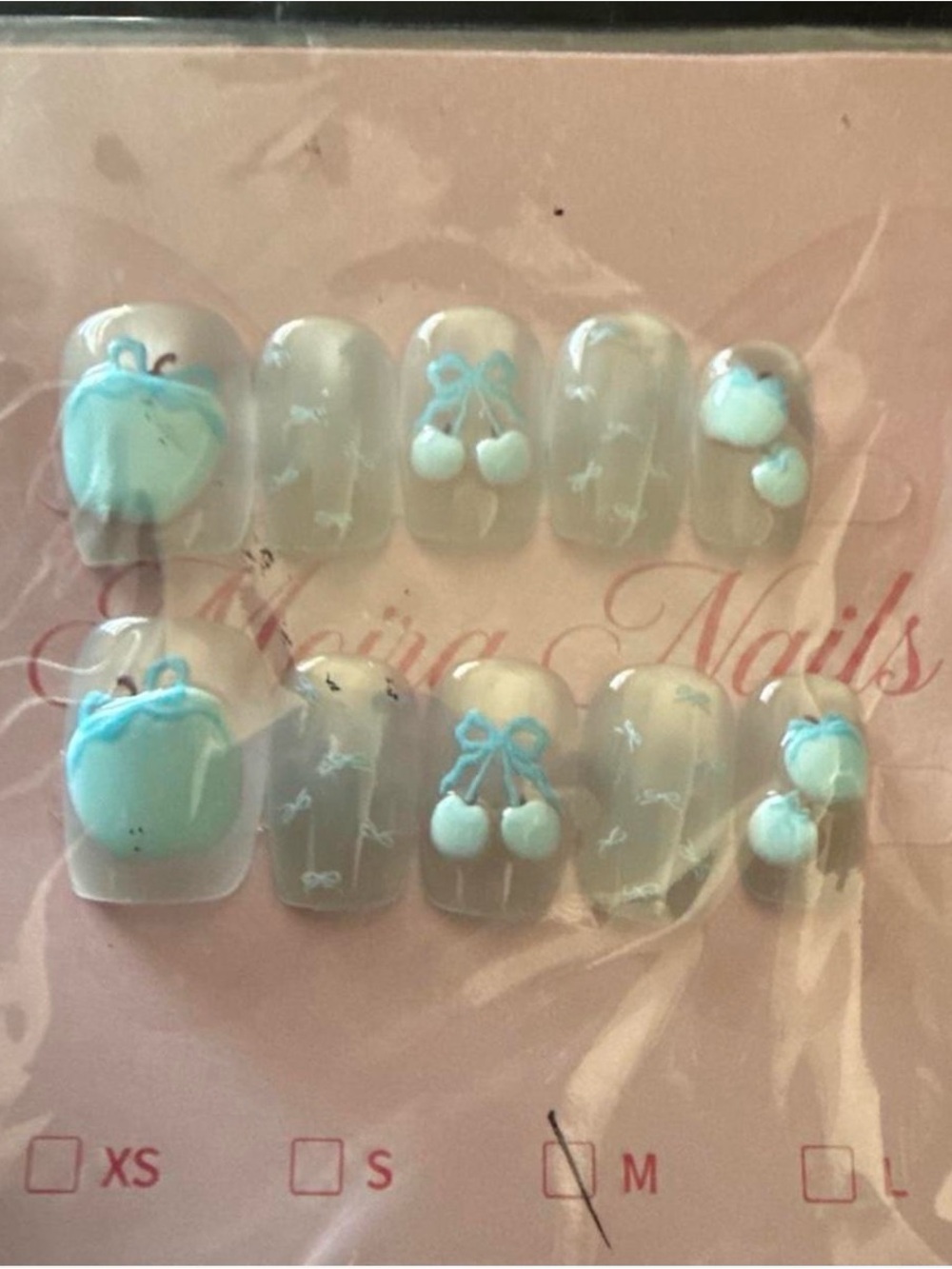 Press-On Nails with Light Blue 3D Cherry Accents - Picture 1 of 1
